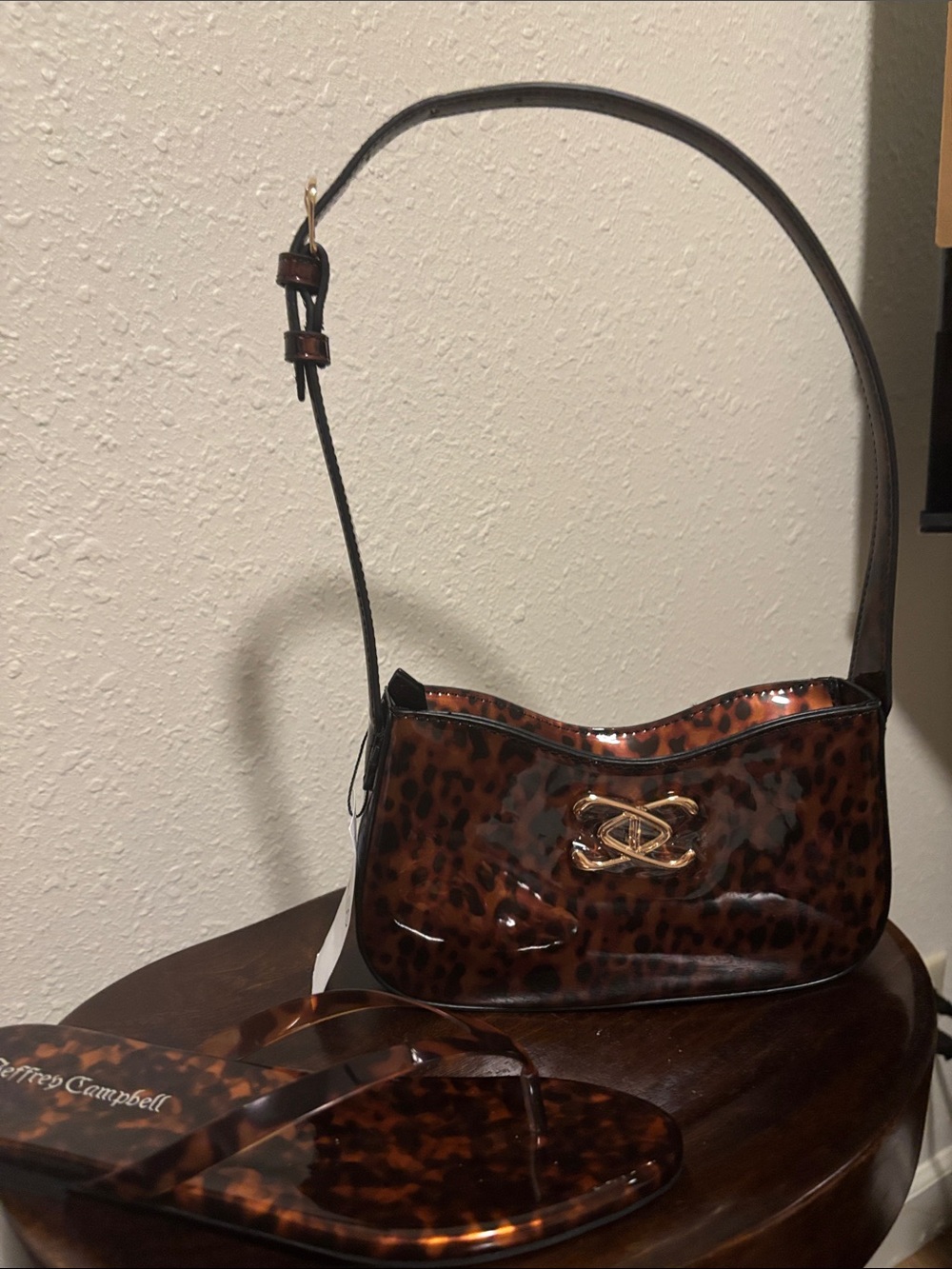 Tortoiseshell Patent Shoulder Bag with Gold Accent